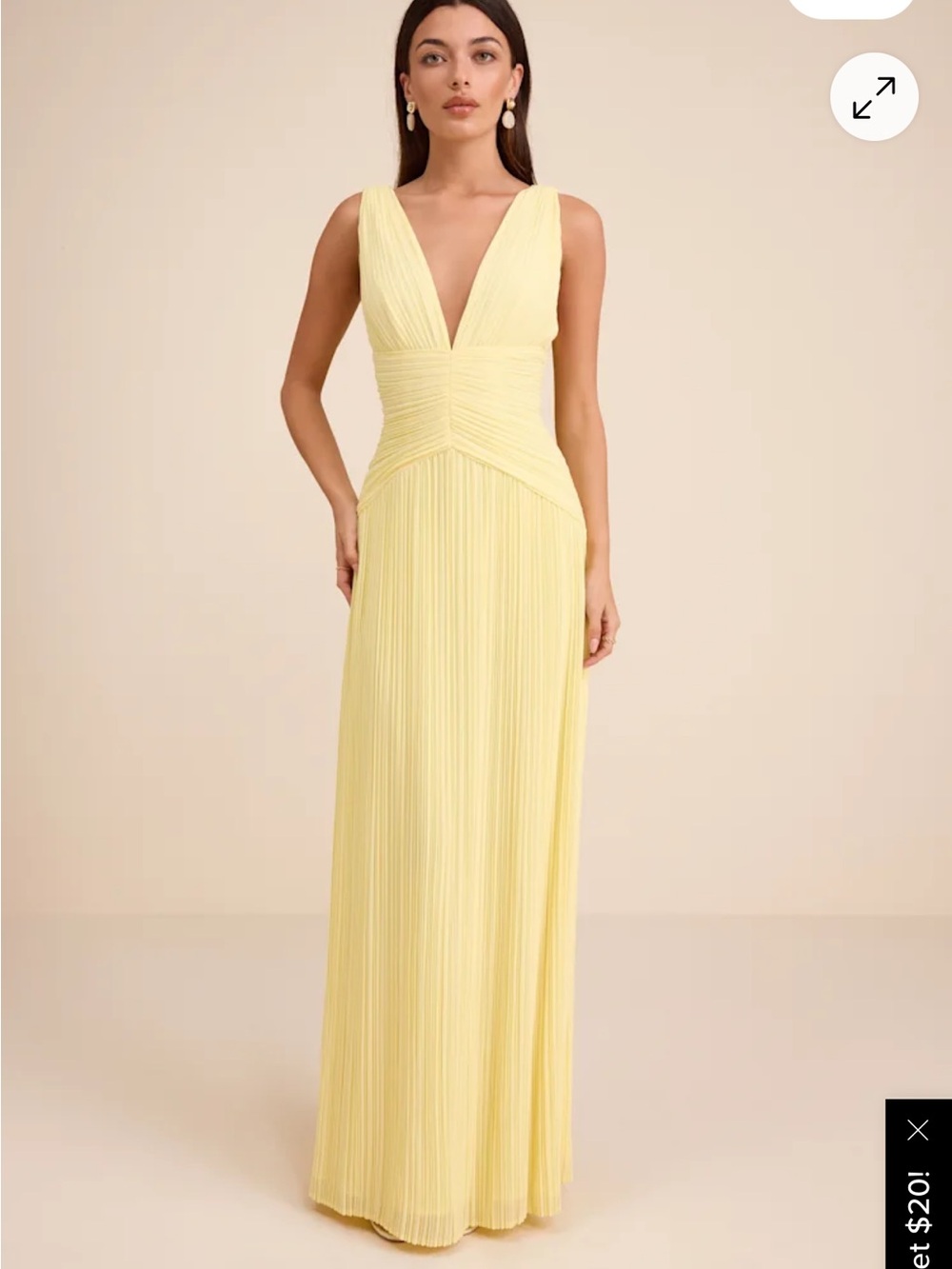 Lulus Plunging V-Neck Pleated Maxi Dress in Pale Yellow never worn size XS